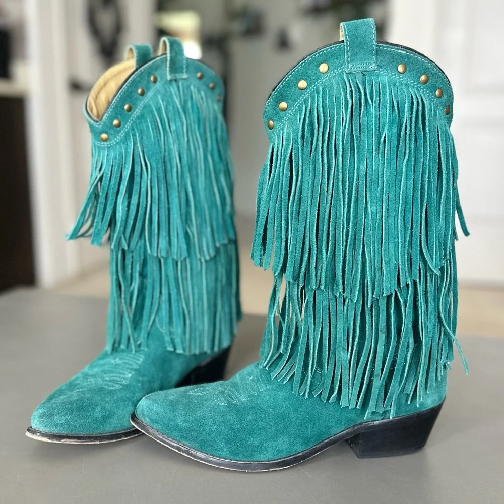 Smokey Mountain Teal Blue Fringe Cowgirl Women’s Boots Size 8.5 - Picture 1 of 14